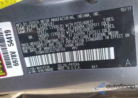 2012 Toyota Sienna Le V6 8 Passenger z USA, uszkodzony, nr VIN 5TDKK3DC4CS186149